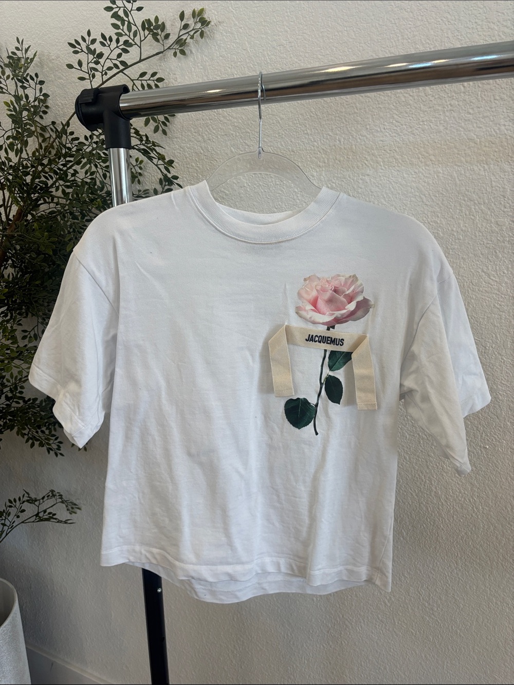 Jacquemus White Tee with Pink Rose Graphic